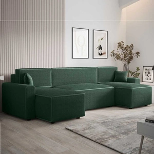 Narożnik z funkcją spania Brandon U Bis zielony pojemnik na pościel trójwymiarowa tkanina o wyrazistych prążkach miękkie podłokietniki