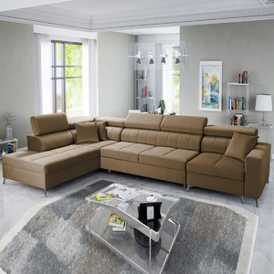 Narożnik z funkcją spania Nausa X jasny brąz lewostronny narożnik z dwoma pojemnikami na pościel wykonanie z tkaniny typu velvet