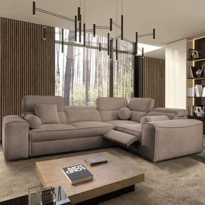 Narożnik z funkcją spania Viano II Lux jasny brąz prawostronny designerski narożnik do salonu z komfortowym wysuwanym podnóżkiem