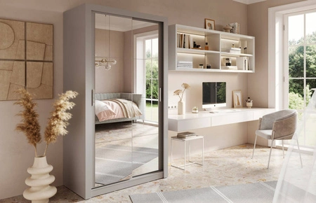 Szafa przesuwna z lustrem Arti 120 cm szara pojemna szafa do przedpokoju drzwi szafy wykończone lustrami w ciekawej konfiguracji