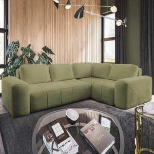 Narożnik z funkcją spania Bovec II oliwkowy prawostronny komfortowy narożnik rozkładany o stylowym charakterze pojemnik na pościel