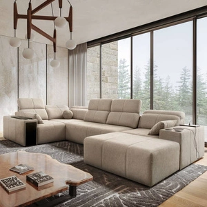 Narożnik z funkcją spania Tesalia IV beżowy prawostronny komfortowy narożnik do salonu z innowacyjną funkcją przesuwanego oparcia