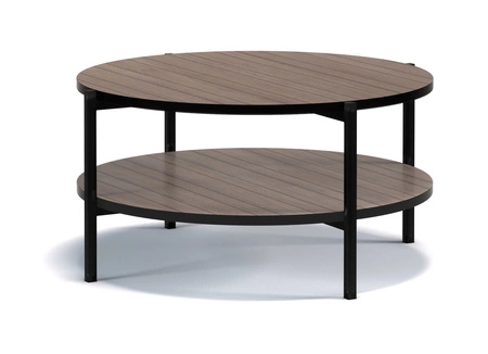 Stolik kawowy okrągły 84 cm Sampi captains deck z dodatkową półką lekki design metalowa podstawa idealny stolik do każdej aranżacji