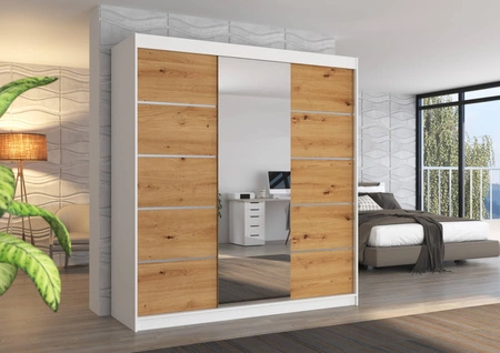 Szafa przesuwna z lustrem Bergen 200 cm biały / dąb artisan klasyczna forma dekoracyjne listwy na frontach szafy do przedpokoju