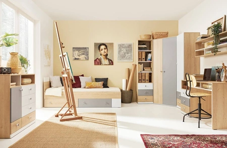 Łóżko z szufladami Pixel 120x200 cm dąb biszkoptowy / biały / szary nowoczesny design łóżka obrzeża wykończone specjalną okleiną ABS