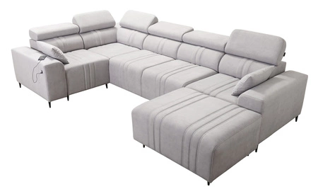 Narożnik z funkcją spania Castel IV błękitny prawostronny stylowy narożnik z pojemnikami na pościel i regulowanymi zagłówkami