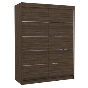 Szafa przesuwna Luft 150 cm dąb sonoma czekolada funkcjonalna szafa do sypialni fronty wykończone poziomymi srebrnymi listwami