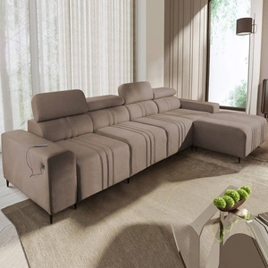 Narożnik z funkcją spania Castel XII jasny brąz prawostronny stylowy i wygodny narożnik do salonu funkcjonalne regulowane zagłówki