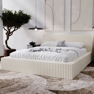 Łóżko tapicerowane Tilo 160x200 kremowe nowoczesny design łóżko z pojemnikiem na pościel z komfortowym zagłówkiem tkanina z wyrazistymi prążkami