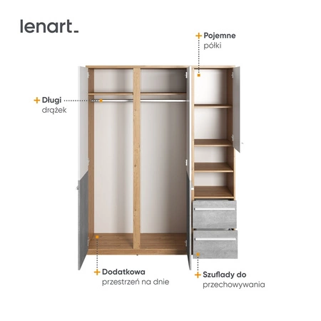 Szafa Plano 150 cm dąb nash / biały / beton nowoczesny design szafy z szufladami idealna do pokoju młodzieżowego modna kolorystyka