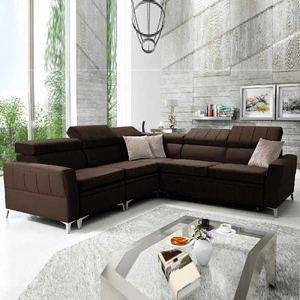 Narożnik z funkcją spania Rava IV brązowy lewostronny velvet komfort podczas codziennego wypoczynku pojemnik na pościel