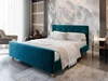 Łóżko tapicerowane Isara 160x200 turkusowe z pojemnikiem w nowoczesnym skandynawskim stylu z charakterystycznym wezgłowiem oraz z zanóżkiem