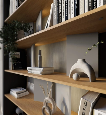 Regał Fitt 125 cm grafit / dąb / szary modny regał do biura lub salonu bryła wyposażona w klimatyczne oświetlenie LED