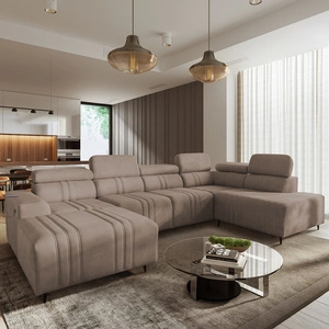 Narożnik z funkcją spania Castel VI jasny brąz lewostronny wygodny i elegancki narożnik z dwoma pojemnikami na pościel