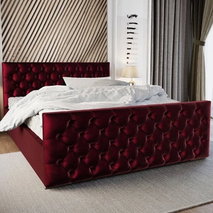 Łóżko tapicerowane Viamao 160x200 bordowe z pojemnikiem w nowoczesnym skandynawskim stylu z pikowanym wezgłowiem oraz zanóżkiem