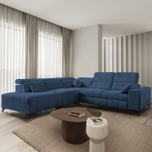 Narożnik z funkcją spania Penejos IX niebieski lewostronny stylowy narożnik z pojemnikami na pościel wygodne regulowane zagłówki