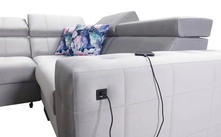 Narożnik z funkcją spania Hampton II jasny brąz prawostronny stylowy narożnik rozkładany miękka tkanina obiciowa typu velvet