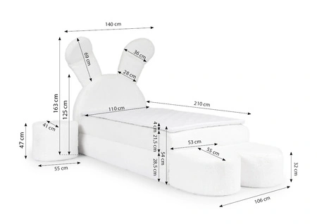 Łóżko kontynentalne Beti Plus 100x200 błękitne uroczy unikatowy zagłówek w kształcie króliczka łózko z szafkami nocnymi i pufami