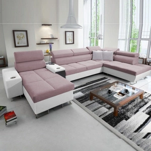 Narożnik z funkcją spania Dafni V lawendowy róż / biały lewostronny pleciony wygodny i komfortowy narożnik z regulowanymi zagłówkami