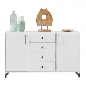 Komoda z szufladami Skien 140 cm biały połysk elegancka stylistyka prosta forma mebla wzbogacona o stylowe metalowe elementy czarne nogi