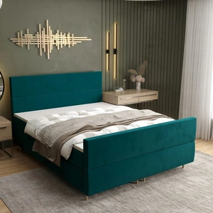 Łóżko kontynentalne Benet 160x200 turkusowe w nowoczesnym skandynawskim stylu z charakterystycznym wezgłowiem oraz zanóżkiem