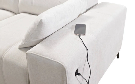 Narożnik z funkcją spania Penejos XII kremowy lewostronny stylowy narożnik z pojemnikami na pościel komfortowe regulowane zagłówki