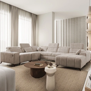 Narożnik z funkcją spania Penejos VIII ciemny beżowy prawostronny stylowy narożnik rozkładany wykonany z wytrzymałej tkaniny