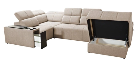 Narożnik z funkcją spania Tesalia IV Lux miętowy prawostronny stylowy narożnik z wysuwanym podnóżkiem oraz funkcją przesuwanego oparcia