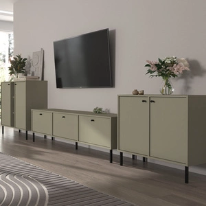 Meblościanka Kioto II eukaliptus stylowy design mebli do salonu eleganckie meble wsparte na metalowych czarnych nogach subtelne uchwyty