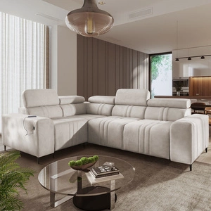 Narożnik z funkcją spania Castel II beżowy lewostronny komfortowy narożnik z regulowanymi zagłówkami pojemnik na pościel