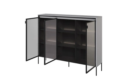 Komoda Trend 150 cm szara designerski przeszklony front klimatyczne oświetlenie w postaci paska led pod górnym blatem