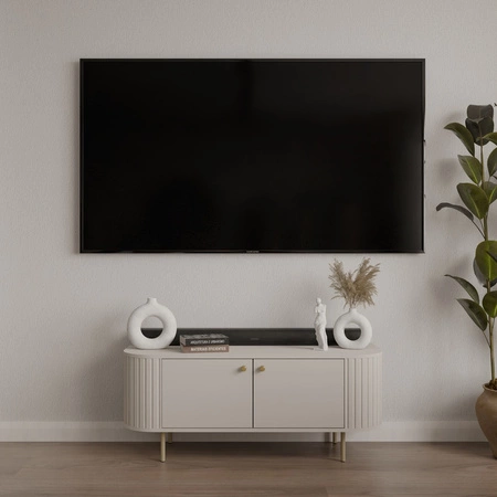 Szafka RTV Ovalio 123 cm beżowa stylowa szafka pod telewizor unikalny owalny kształt ozdobne frezowania metalowa podstawa