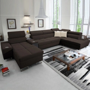 Narożnik z funkcją spania Dafni V brązowy lewostronny pleciony wygodny i komfortowy narożnik z regulowanymi zagłówkami