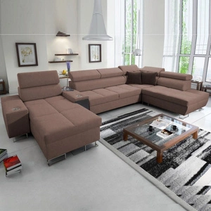 Narożnik z funkcją spania Dafni V jasny brąz lewostronny pleciony wygodny i komfortowy narożnik z regulowanymi zagłówkami