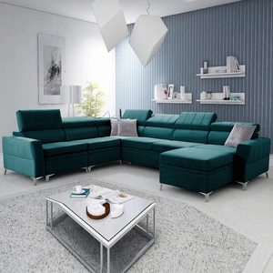 Narożnik z funkcją spania Rava VII lazurowy prawostronny praktyczny i nowoczesny narożnik do salonu z regulowanymi zagłówkami