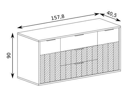 Komoda z szufladami Fonti 158 cm dąb karmel czarne uchwyty krawędziowe geometryczne kształty misterne zdobienie w postaci jodełki