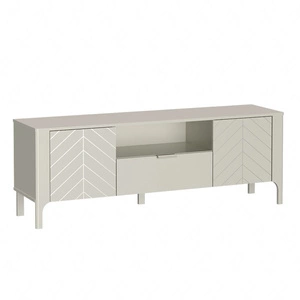 Szafka RTV Malumi 160 cm beżowa stylowy design ozdobny wzór jodełki na frontach minimalistyczny metalowy uchwyt wysoka podstawa