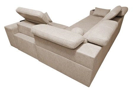 Narożnik z funkcją spania Tesalia II brązowy prawostronny komfortowy narożnik do salonu z przesuwanym oparciem pojemnik na pościel