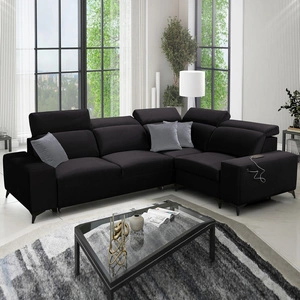 Narożnik z funkcją spania Kelly Sleek II czarny prawostronny elegancki narożnik do salonu wykonany z miękkiej tkaniny typu velvet