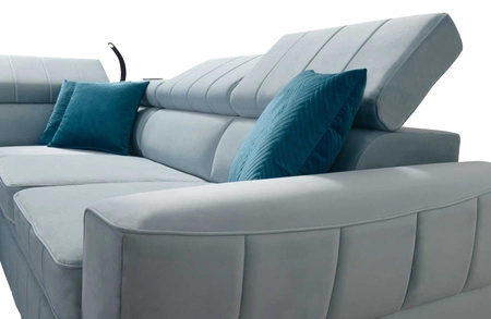 Narożnik z funkcją spania Rava IV grafitowy lewostronny velvet komfort podczas codziennego wypoczynku pojemnik na pościel