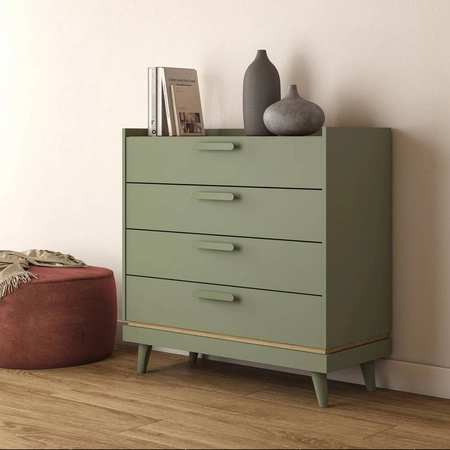 Komoda z szufladami Scandia 90 cm zielona / dąb olejowany stylowy design komody osadzonej na wysokich nogach idealna do salonu lub pokoju nastolatka