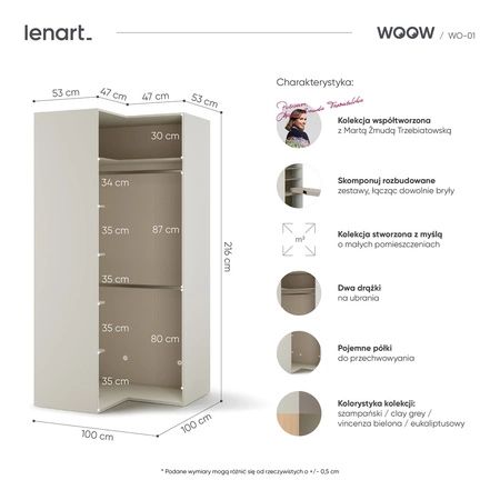 Szafa narożna Woow szampańska nowoczesny wygląd szafy z dwoma drążkami na ubrania wiszące modna i lekka kolorystyka