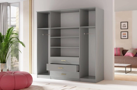 Szafa Adel 200 cm szara elegancki design pojemna szafa z lustrem i szufladami idealna do sypialni lub przedpokoju złote uchwyty