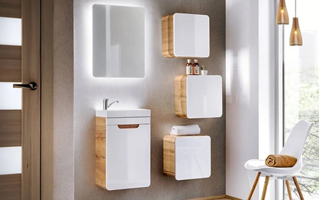 Szafka pod umywalkę Aruba 40 cm dąb craft złoty / biały połysk nowoczesna szafka do łazienki oryginalny zaokrąglony kształt korpusu