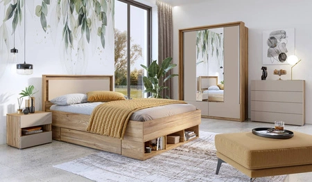 Zestaw mebli do sypialni Impressio dąb mauvella / ciemny beżowy eleganckie i uniwersalne meble do sypialni w nowoczesnym stylu pojemne szuflady