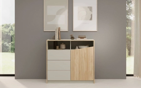 Komoda z szufladami Atson 100 cm szarobeżowy / dąb olejowany prawa stylowy design komody ciekawy kształt frontu nadaje oryginalności