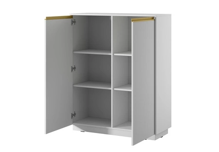 Komoda wysoka Imperial 104 cm biała elegancka stylowa komoda o wyjątkowym charakterze z frezowanymi frontami i złotymi uchwytami