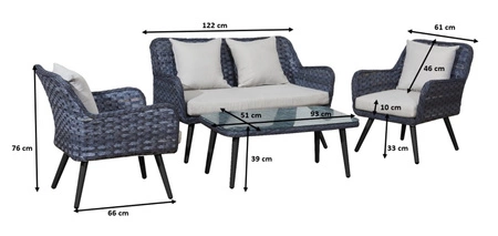 Zestaw mebli ogrodowych Modesto szary elegancki design gustowny komplet mebli z sofą i stolikiem do przydomowej strefy wypoczynku