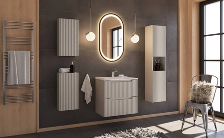 Szafka pod umywalkę Nova 60 cm beżowa stylowe subtelne pionowe ryflowania podkreślają elegancję szafki z szufladami frezowane uchwyty