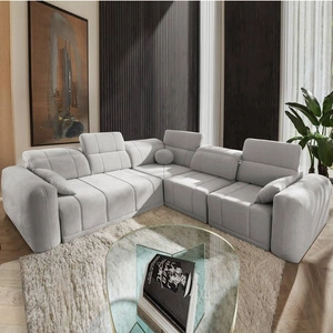 Narożnik z funkcją spania Cetara III szary popiel prawostronny ergonomiczny narożnik z przesuwanym oparciem i regulowanymi zagłówkami